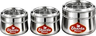 Sharda Metals Stainless Steel Storage Container Set of 3, 500ml + 650ml + 950ml Kitchen Dabba with Lid | Multipurpose Dry Fruit, Spice, Snack & Grocery Storage