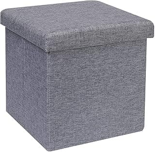 Lazer Foldable Beige Linen Fabric Ottoman Storage Box, Multipurpose Organizer Stool for Living Room, Bedroom, Clothes, Books & Toys
