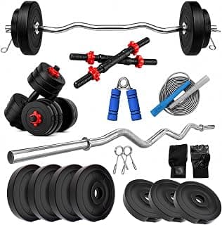 Adjustable Dumbbell & Barbell Set 8-16 KG | PVC Weight Plates with Curl Rod, Dumbbell Rod & Spring Locks | Home Gym Workout Equipment Set for Men & Women (16kg)