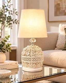 Homesake® Modern Small Crystal Table Lamp, Contemporary Bedroom Bedside Nightstand Lamp, Morden Minimalist, Desk Globe Lamp for Living Room Girls Kids Room, Fabric Shade (White)