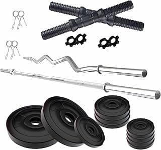 Amazon Brand - Symactive Plastic 50 KG PVC Home Gym Set with One 5 ft Plain + One 3 ft Curl Rod and One Pair Dumbbell Rods, Multicolor