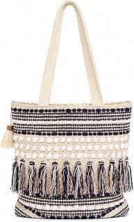 Boho Tote Bag for Women, Cotton, with Tassel & Shell Embellishments, Zipper Closure, Stylish for College, Office, Shopping