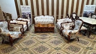 Luxury Wooden Sofa Set with Center Table | Hand-Carved Solid Teak Wood Sofa Set with Upholstery | Royal Living Room Furniture for Home (Printed Off White D Walnut 9 Seater)