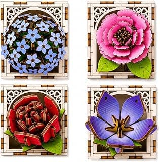 4-Pack Wooden 3D Flower Fridge Magnets Set – Hand-Painted Floral Refrigerator Magnets, DIY Wooden Puzzle Flower Magnets for Kitchen, Office, Locker, Home Décor & Gifts
