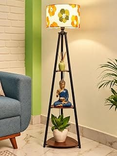 Crosscut Furniture LED Tripod Floor Lamp with 3 Shelves, Fresh Flower, Yellow, Metal Corner Floor Lamp for Living Room & Bedroom Decoration