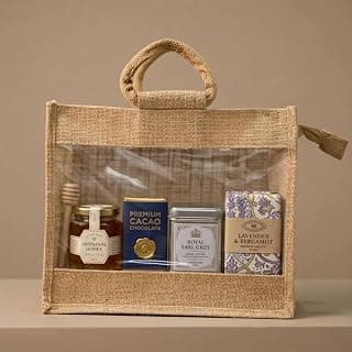 Natural Jute Gift Hamper Bag with Transparent Window, Eco-Friendly Reusable Tote with Soft Padded Handles for Wedding Return Gifts, Festive Gifting (10 * 8 * 4 Inch) | 350 GSM (Pack of 1)