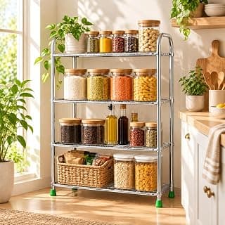 4 Tier Kitchen Storage Rack, Stainless Steel Wire Shelving Organizer for Kitchen Pantry, Multipurpose Rack for Spices, Jars, Groceries and Household Storage