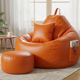 6XL Luxury Faux Leather Bean Bag with Footrest & Cushion | Pre-Filled High-Density Polystyrene Beans | Premium Leatherette |Teardrop Handle Design | 6 Months Warranty Color- Orange
