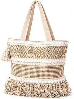 Boho Tote Bag for Women, Cotton, with Tassel & Shell Embellishments, Zipper Closure, Stylish for College, Office, Shopping
