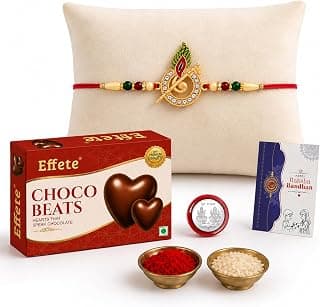 Oblivion Murli Flute Rakhi Set for Brother with Peacock Feather Detail, Heart Shaped Chocolate 32 g, Silver Colour Pooja Coin, Roli and Chawal and Greeting Card