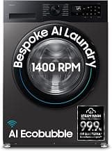 Samsung 9 kg, 5 star, AI EcoBubble, Super Speed, Wi-Fi, Hygiene Steam with Inbuilt Heater, Digital Inverter, Fully-Automatic Front Load Washing Machine (WW90DG5U24AXTL, Inox)