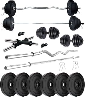 Kore PVC 15 Kg Home Gym Set with One 3 Ft Plain + One 3 Ft Curl Rod and One Pair Dumbbell Rods, Multicolour