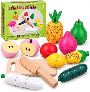 SHINETOY Wooden Fruit & Vegetable Cutting Toy Set for Kids 3+ Years, Pretend Play Kitchen Set with 9 Play Foods, Chopping Board & Toy Knife, Role Play Toys for Boys & Girls