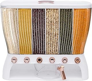 22 Lbs Dry Food Dispenser, 6-Grid Kitchen Dry Food Container with Airtight Moisture Lid & Rice Hopper, Multigrain Tank Kitchen Storage for Cereal, Flour, Beans,Rice, Nuts