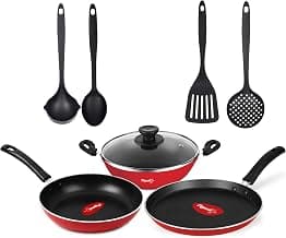 Pigeon Mio Non Induction Base Nonstick Aluminium Cookware Gift Set, Includes Nonstick Flat Tawa, Nonstick Fry Pan, Kitchen Tool Set, Nonstick Kadai with Glass Lid, 8 Pieces Kitchen Set (Red)