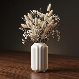 PUREZENTO White Ribbed Texture Ceramic Vase - 6 Inch | Vases for Centerpiece Home Decor, Living Room & Bedroom | Vase for Pampas Grass, Dried & Artificial Flowers