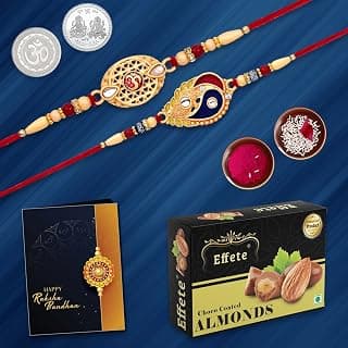 DeoDap Floral Beads Rakhi Set of 2 for Brother with Small Diamond Shape Detail, 32 g Chocolate Almonds, Silver Colour Pooja Coin, Tilak Set and Greeting Card