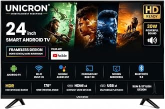 UNICRON 24 inch smart tv Android Frameless HD LED TV | WiFi Enabled | Built-in Apps Compatible (YouTube, Netflix, Prime Video) | HDMI, USB Connectivity | Screenmirror | Slim & Stylish |
