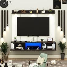 Anikaa LucenPro Engineered Wood Wall Mount TV Unit with PVC Back Panel, Acrylic Blue LED Storage Box, Side Wooden Accent Spot Light Panels I Deal for Up to 50 Inch TV (Wenge - DIY Installation)