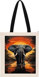 Canvas Tote Bag – 14x18 Inch Heavy Duty 300 GSM Natural Cotton Shopping Bag with Zipper, Wildlife Art | African Elephant Sunset Tote Bag | Reusable Tote for Women, Eco-Friendly Everyday Carryall