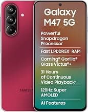 Samsung Galaxy M47 5G Mobile (Rogue Red, 6GB RAM, 128GB Storage, 6000mAh Battery)| 50MP OIS| Snapdragon Processor| LPDDR5X RAM,UFS 3.1 Storage| Gorilla Glass Victus+| sAMOLED| Knox Security| AI