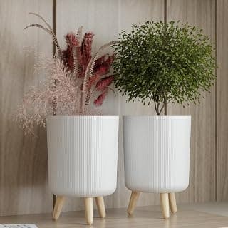 Modern White Flower Pot with Legs | Big Planter | Indoor Outdoor Planter for Home,Garden, Balcony Decor | Tall, Durable & Lightweight Planter | Italian Ribbed Design Stylex (Pack of 2)