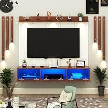 Anikaa RayzaPro Engineered Wood Wall Mount TV Unit with PVC Back Panel, Acrylic Blue LED Storage Box, Side Wooden Accent Spot Light Panels I Deal for Up to 50 Inch TV (Walnut - DIY Installation)