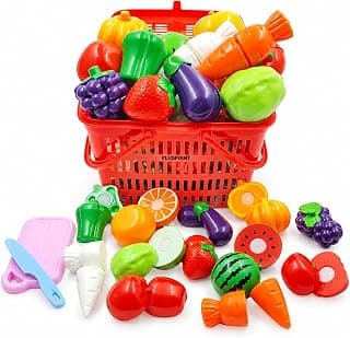 PLUSPOINT 15 Pcs Fruit & Vegetable Cutting Toy Set with Basket | Sliceable Pretend Play Kitchen Toys for Kids | Learning Toy with Knife & Cutting Board for Boys & Girls