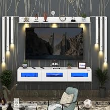 Anikaa RayzaNote Engineered Wood Wall Mount TV Unit Acrylic Blue LED Storage Box, Side Wooden Accent Spot Light I Deal for Up to 50 Inch TV White - DIY Installation