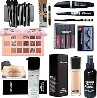 Kamz Beauty Complete Makeup Kit with 18-Shade Nude Eyeshadow Palette, Mascara, Liquid Eyeliner, Contour Stick, Face Powder, Foundation, Lip Colour Set