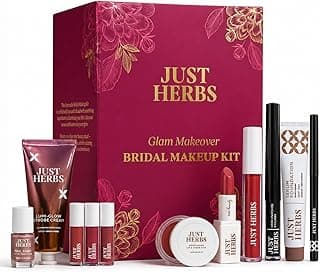 Just Herbs Wedding Kit Glam Essentials With Matte Lipstick|Lip & Cheek Tint|Strobe Cream|Kajal|Sindoor|Eyeshadow Palette|Nail Paint|Serum Foundation|Blush Drops Makeup Kit For Women (Pack Of 9)