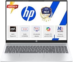 HP Smartchoice OmniBook 5 (Previously Pavilion) 50 Tops, AMD Ryzen AI 5 340 (16GB LPDDR5X, 512GB SSD) WUXGA 2K, 16''/40.6cm, Win11, Office24, Silver, 1.79kg, ag1037au, Type-C Charging, AI Laptop
