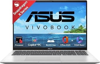 ASUS Vivobook 16, Snapdragon X, 16GB RAM, 512GB SSD, FHD+ 16", Windows 11, Office Home 2024, Cool Silver, 1.88kg, X1607QA-MB050WS, Qualcomm Adreno iGPU, 45TOPS, M365 Basic(1Year)* Laptop