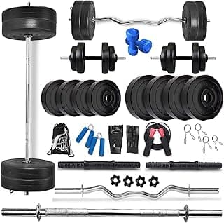 BODYFIT Home Gym Combo Set, Gym Equipments, [8Kg-100 Kg], 3ft Curl, 5Ft Straight Rod + One Pair Dumbbell Rods, PVC Dumbbell Plates, Weight Plates, Exercise Set, Home Gym Kit. (12KG Combo Set)