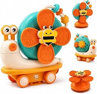 Storio 5-in-1 Baby Suction Spinner Toy, Interactive Learning Set with Rattle and Sensory Play, for 6+ Months Kids - Orange & Cream
