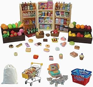 182Pcs Mini Shopping Cart Basket Miniature Food Drink Toy Supermarket Metal Handcart Trolley Dollhouse Store Grocery Accessories Kitchen Play Game Party Model Shelves Cash Registe