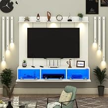 Anikaa RayzaPro Engineered Wood Wall Mount TV Unit with PVC Back Panel, Acrylic Blue LED Storage Box, Side Wooden Accent Spot Light Panels I Deal for Up to 50 Inch TV (White - DIY Installation)