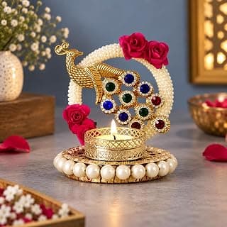 eCraftIndia Metal Peacock Floral Decorative Tea Light Candle Holder for Diwali, Navratri, Ganesh Chaturthi, Christmas, New Year| Tea Light Holders for Home Decor | Diwali Decoration Item
