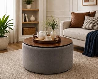 Elegant Round Coffee Table with Wooden Top & Storage Ottoman | Modern Centre Tea Table for Living Room | Farmhouse Wood Drum Coffee Table Furniture for Home & Lounge | Grey Finish