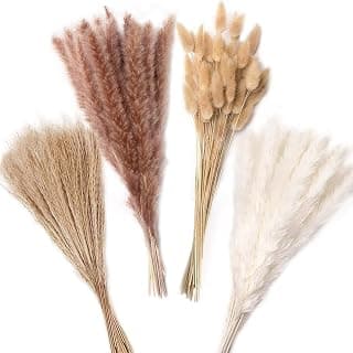 Qlect Home Decor 100 Pcs Set 17inch Natural Dried Pampas Grass,Real Rabbit Bunny Tail,Reed Pampas,Boho Bouquet,Artificial Flowers Decor for Table Vase Home Decoration. (100 Pcs Dried Flower Set)