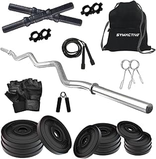 Amazon Brand - Symactive 40 KG PVC Home Gym Set with Accessories & Gym Bag (40 Kg Weight, 3 Ft Curl Rod, 14'' Dumbbell Rods Pair, 4 Locks/Clippers, Skipping Rope, Gloves, Gripper, Bag)