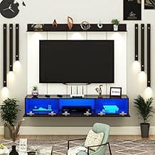 Anikaa RayzaPro Engineered Wood Wall Mount TV Unit with PVC Back Panel, Acrylic Blue LED Storage Box, Side Wooden Accent Spot Light Panels I Deal for Up to 50 Inch TV (Wenge - DIY Installation)