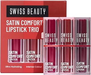 Swiss Beauty Satin Comfort Lipstick Trio 3-in-1| Ultra-Hydrating | Highly Pigmented | Smooth Glide | Satin Matte Finish | One-Swipe Application | Shade- 3-Red & Maroon, 9gm