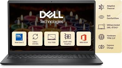 Dell 15 (Previously Inspiron) Laptop, 14th Gen Intel Core i3/Core 3 100U Processor, 16GB DDR4, 512 SSD, Intel UHD Graphics, 15.6" FHD 120Hz IPS AG 250 nit Display, Win 11 + Office 2024, Black, 1.63Kg