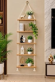 5-Tier Hanging Wall Shelf – Wooden Rope Ladder Shelf for Plants, Books & Home Decor | Rustic Wall Mounted Storage Organizer