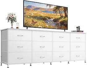 WLIVE 75.5''W Dresser for Bedroom, White Dresser TV Stand for 75, 80, 85 inch TV, Wide Chest of Drawers with 12 Drawer, Large Entertainment Center, Fabric Dressers with Wood Top for Living Room