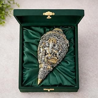 999 Pure Silver Plated & 24K Gold Plated Ganesh Shankh | Sacred 5.2 Inch Dual-Tone Conch Shell | Vastu Showpiece for Success & Wealth | Auspicious Pooja Gift.