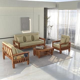 Solid Sheesham Wood 6 Seater Sofa Set for Living Room | Premium Wooden Sofa with Fabric Cushions & Side Magazine Rack | Modern Solid Wood Furniture for Home & Office