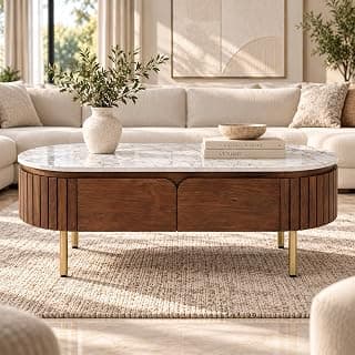 The Attic Carlston Coffee Table, Coffee Table for Living Room, Solid Wood Centre Table with Ceramic Top, Tobacco Brown Finish