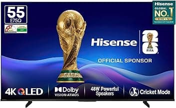 Hisense 139 cm (55 Inches) 4K Ultra HD Smart QLED TV 55E75Q | E75Q Series | 48W Powerful Speakers | Dolby Atmos & HDR10+ | ALLM, VRR & Game Mode | Cricket Mode | AI 4K Upscaler | VIDAA OS (Black)